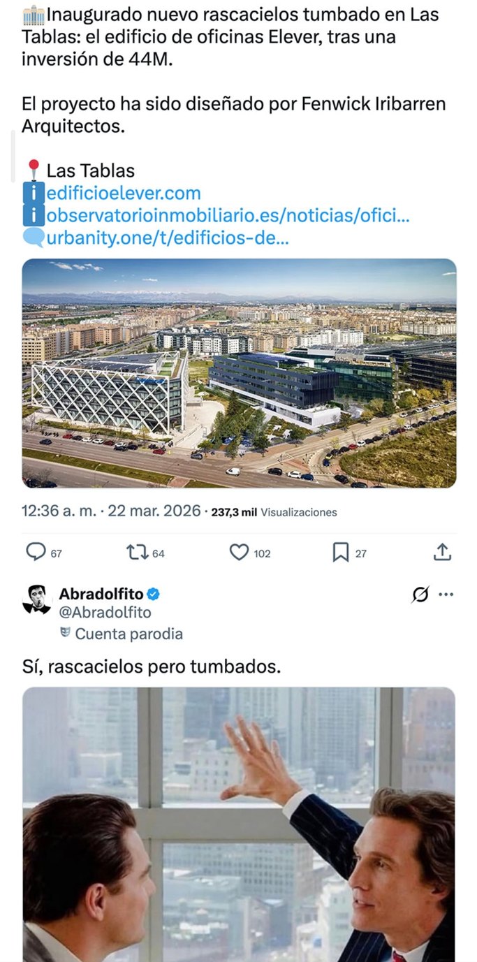 Inaugurado nuevo rascacielos tumbado en Las Tablas; el edificio de oficinas Elever, tras una inversión de 44M. El proyecto ha sido diseñado por Fenwick Iribarren Arquitectos. Sí, rascacielos pero tumbados.