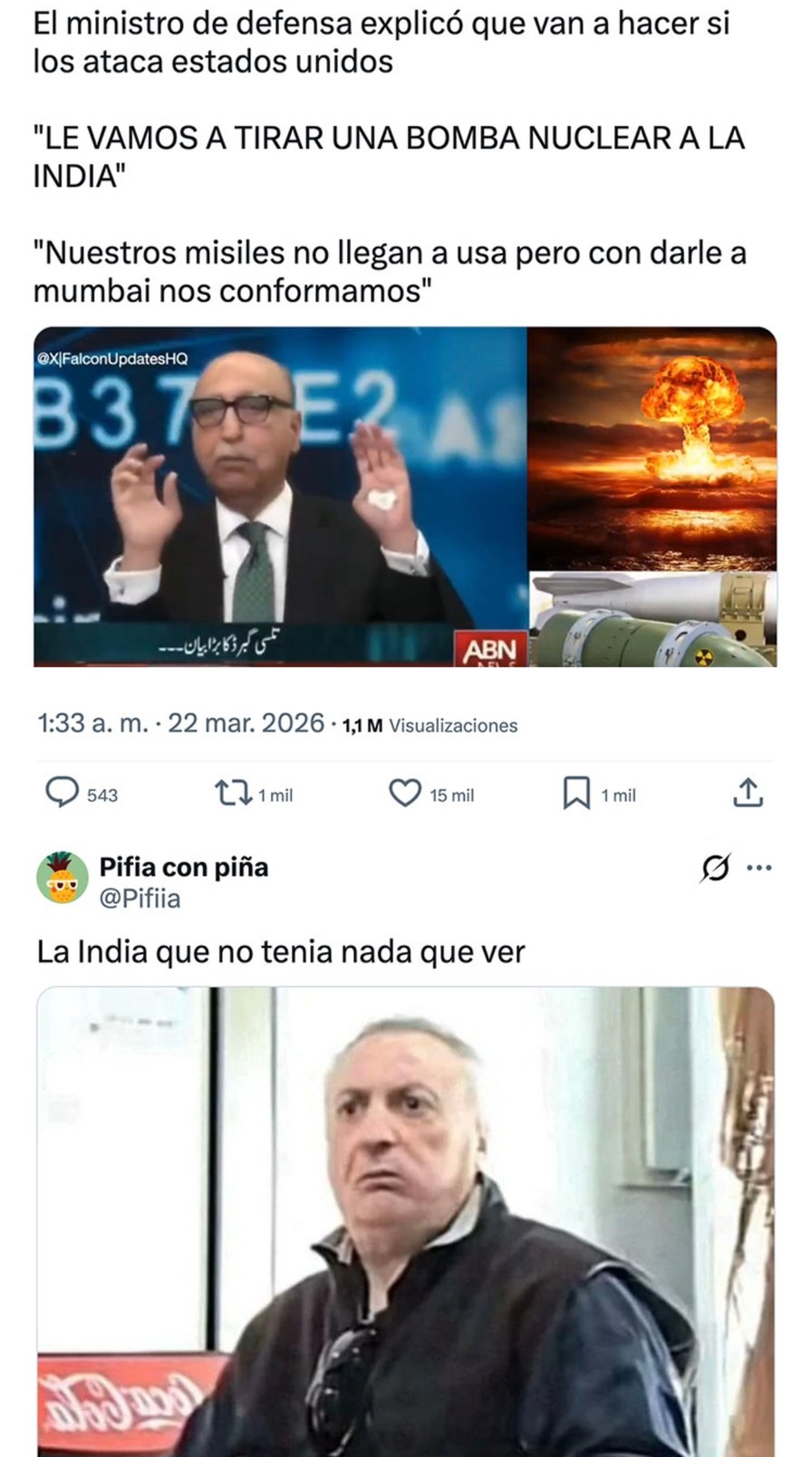 El ministro de defensa explicó que van a hacer si los ataca estados unidos. LE VAMOS A TIRAR UNA BOMBA NUCLEAR A LA INDIA. Nuestros misiles no llegan a usa pero con darle a mumbai nos conformamos. La India que no tenia nada que ver.