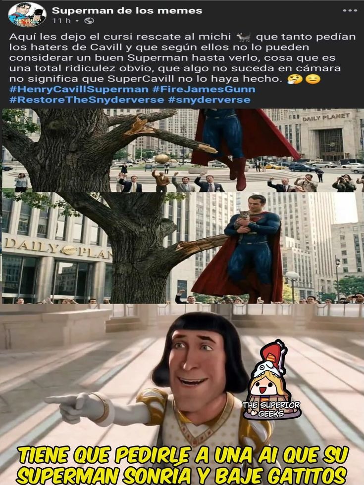 Superman de los memes. Aquí les dejo el cursi rescate al michi que tanto pedían los haters de Cavill y que según ellos no lo pueden considerar un buen Superman hasta verlo, cosa que es una total ridiculez obvio, que algo no suceda en cámara no significa que SuperCavill no lo haya hecho. #HenryCavillSuperman #FireJamesGunn #RestoreTheSnyderverse #sn