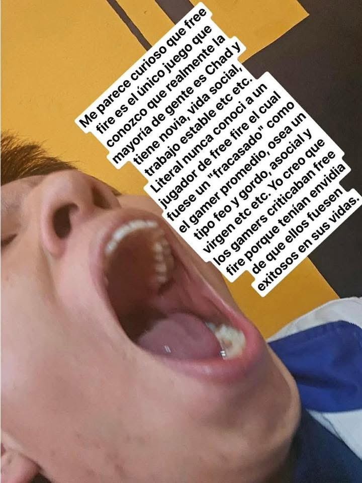 Me parece curioso que free fire es el único juego que conozco que realmente la mayoría de gente es Chad y tiene novia, vida social, trabajo estable etc etc. Literal nunca conocí a un jugador de free fire el cual fuese un 