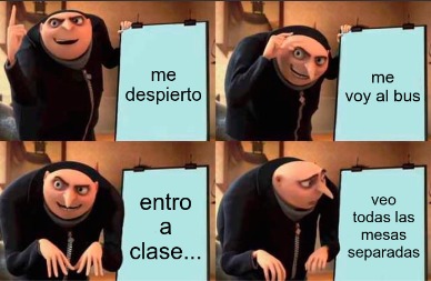 me despierto me voy al bus entro a clase... veo todas las mesas separadas