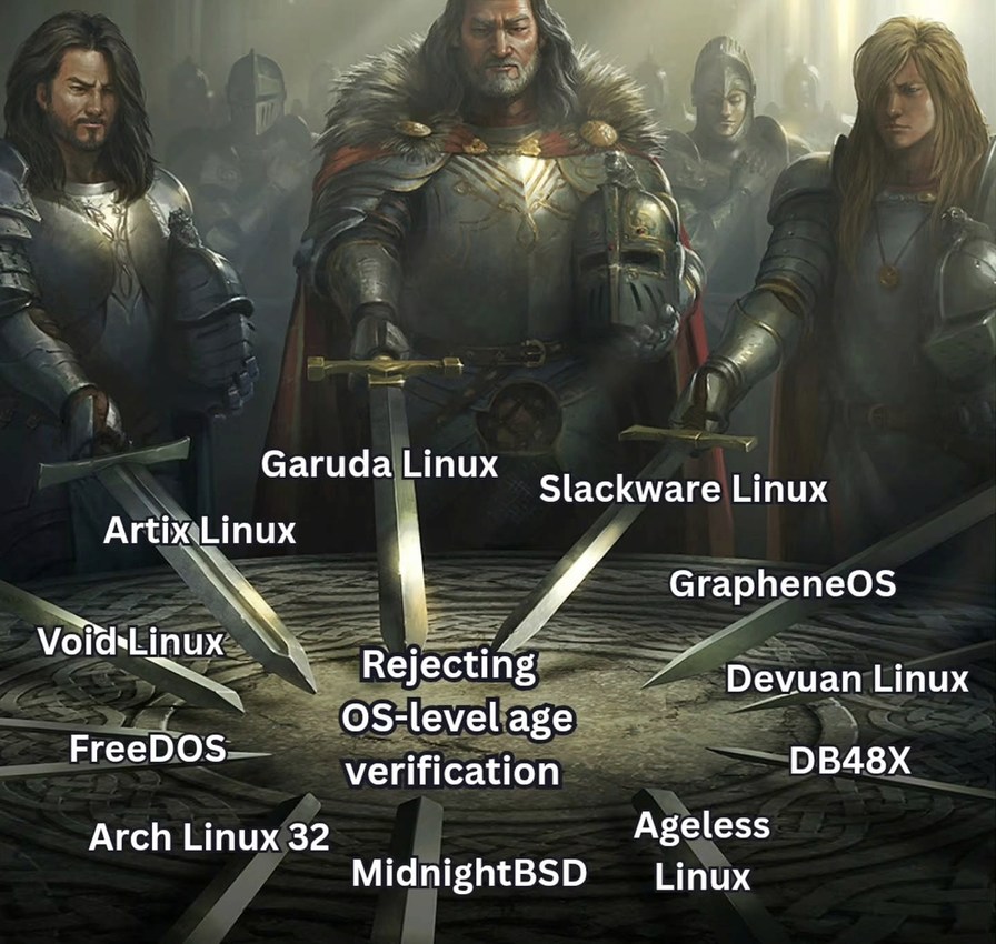 Garuda Linux, Artix Linux, Void Linux, FreeDOS, Arch Linux 32, MidnightBSD, Slackware Linux, GrapheneOS, Devuan Linux, DB48X, Ageless Linux. Rejecting OS-level age verification.