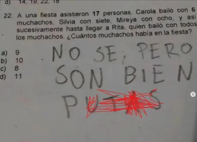22. A una fiesta asistieron 17 personas. Carola bailó con 6 muchachos, Silvia con siete, Mireya con ocho, y así sucesivamente hasta llegar a Rita, quien bailó con todos los muchachos. ¿Cuántos muchachos había en la fiesta? NO SE; PERO SON BIEN PUT*S
