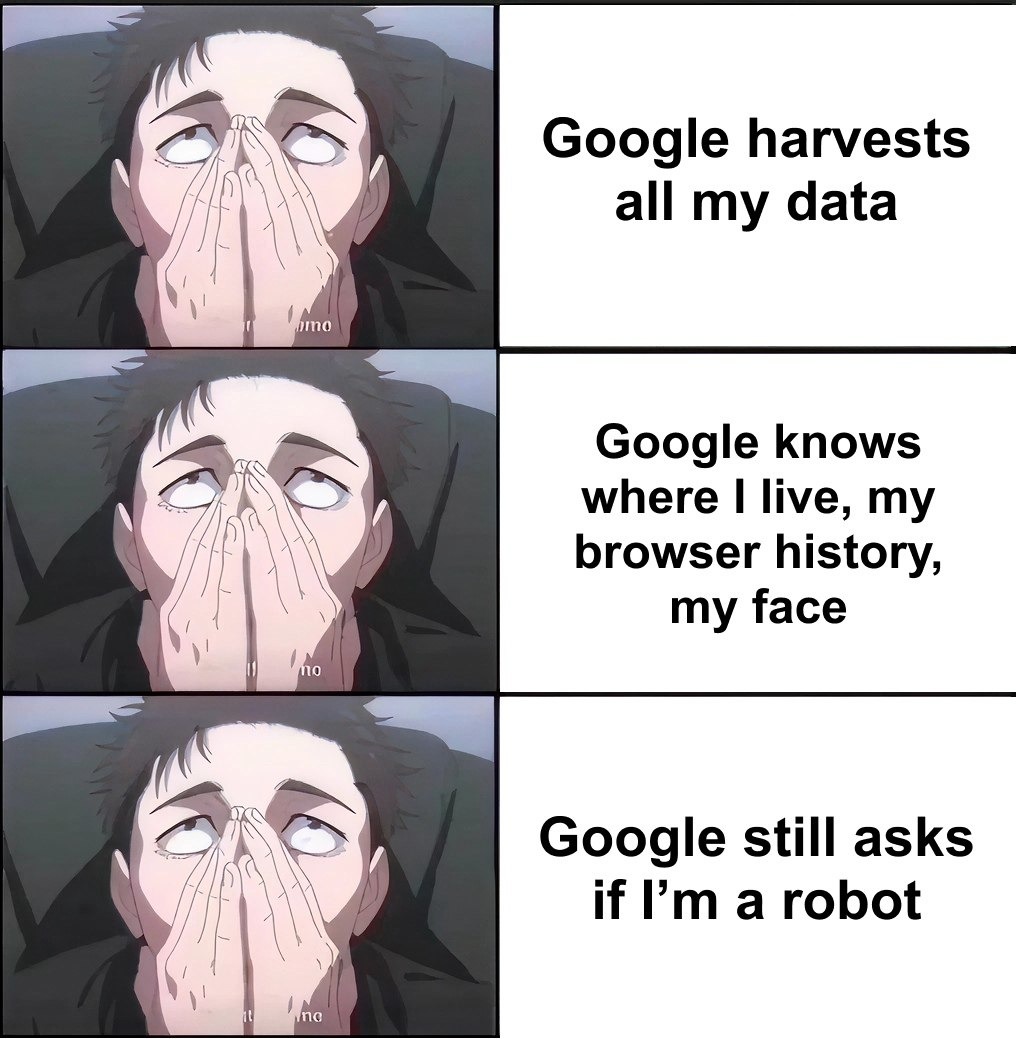 Google harvests all my data. Google knows where I live, my browser history, my face. Google still asks if I'm a robot.
