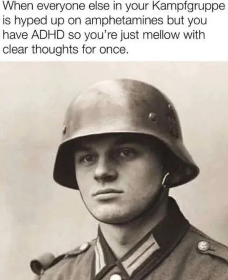 When everyone else in your Kampfgruppe is hyped up on amphetamines but you have ADHD so you're just mellow with clear thoughts for once.