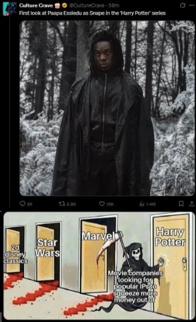 First look at Paapa Essiedu as Snape in the 'Harry Potter' series. 2d disney classics. Star Wars. Marvel. Harry Potter. Movie companies looking for popular IPs to squeeze more money out of.