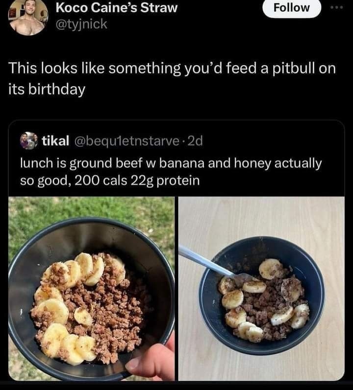 Koco Caine's Straw @tyjnick Follow This looks like something you'd feed a pitbull on its birthday tikal @bequ1etnstarve · 2d lunch is ground beef w banana and honey actually so good, 200 cals 22g protein