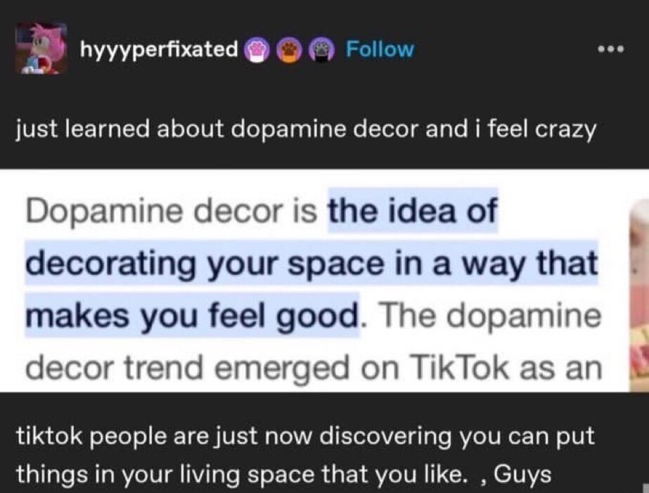 hyyyyperfixated just learned about dopamine decor and i feel crazy Dopamine decor is the idea of decorating your space in a way that makes you feel good. The dopamine decor trend emerged on TikTok as an tiktok people are just now discovering you can put things in your living space that you like. , Guys