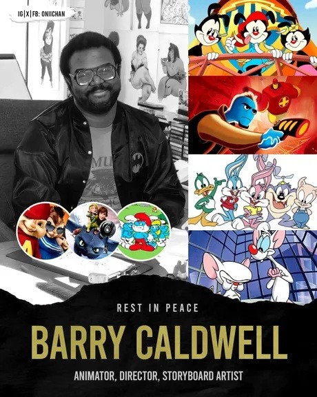 IG|X|FB: ONIICHAN REST IN PEACE BARRY CALDWELL ANIMATOR, DIRECTOR, STORYBOARD ARTIST. The image features various animated characters from shows like Animaniacs, Earthworm Jim, Tiny Toon Adventures, Pinky and the Brain, Alvin and the Chipmunks, How to Train Your Dragon, and The Smurfs.