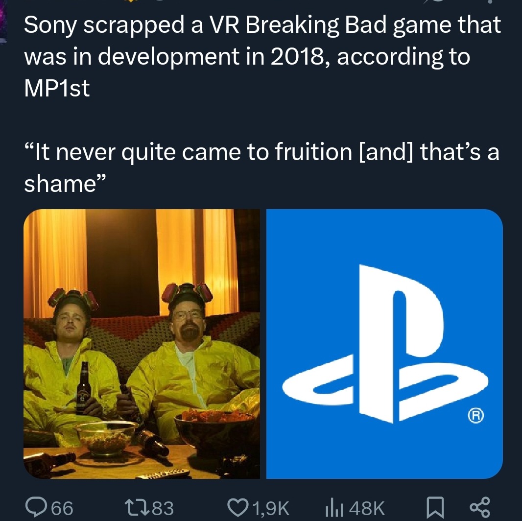 Sony scrapped a VR Breaking Bad game that was in development in 2018, according to MP1st. 