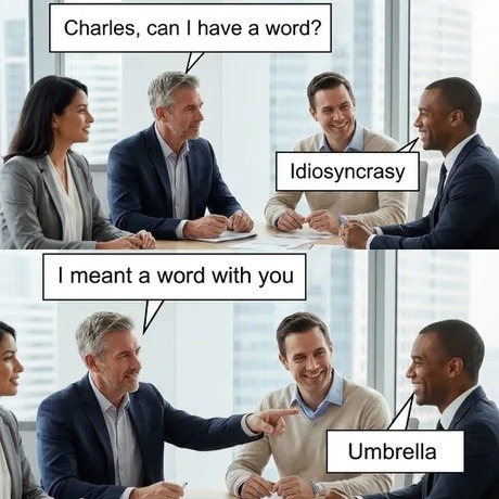 Charles, can I have a word? Idiosyncrasy. I meant a word with you. Umbrella.