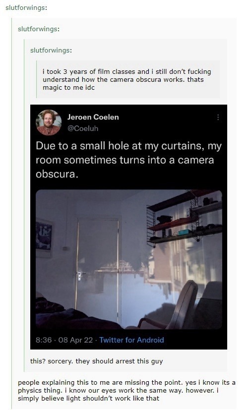 i took 3 years of film classes and i still don't fucking understand how the camera obscura works. thats magic to me idc
Jeroen Coelen
Due to a small hole at my curtains, my room sometimes turns into a camera obscura.
this? sorcery. they should arrest this guy
people explaining this to me are missing the point. yes i know its a physics thing. i know