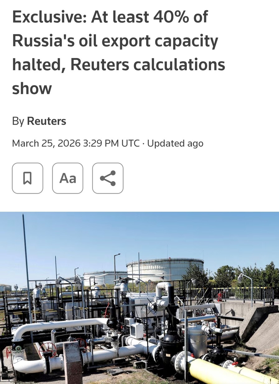 Exclusive: At least 40% of Russia's oil export capacity halted, Reuters calculations show. By Reuters. March 25, 2026 3:29 PM UTC. Updated ago. The image shows an oil pipeline system with storage tanks in the background.