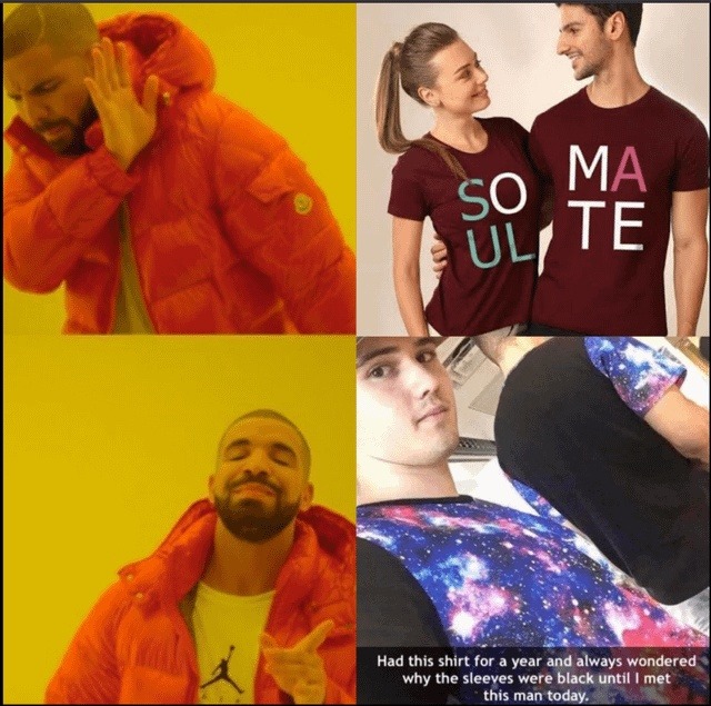 SOUL MATE Had this shirt for a year and always wondered why the sleeves were black until I met this man today.