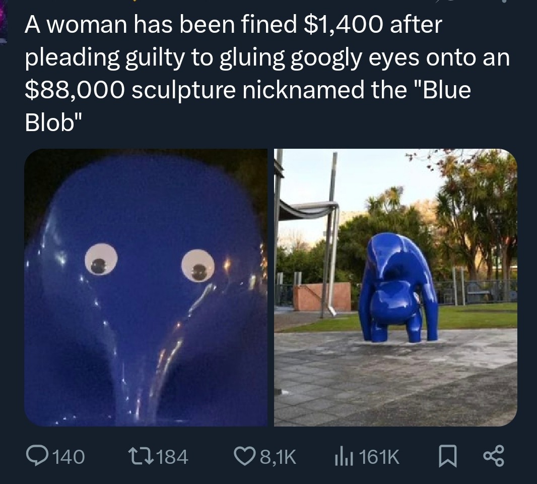 A woman has been fined $1,400 after pleading guilty to gluing googly eyes onto an $88,000 sculpture nicknamed the 