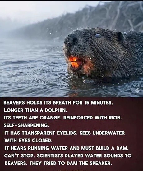 BEAVERS HOLDS ITS BREATH FOR 15 MINUTES. LONGER THAN A DOLPHIN. ITS TEETH ARE ORANGE. REINFORCED WITH IRON. SELF-SHARPENING. IT HAS TRANSPARENT EYELIDS. SEES UNDERWATER WITH EYES CLOSED. IT HEARS RUNNING WATER AND MUST BUILD A DAM. CAN'T STOP. SCIENTISTS PLAYED WATER SOUNDS TO BEAVERS. THEY TRIED TO DAM THE SPEAKER.