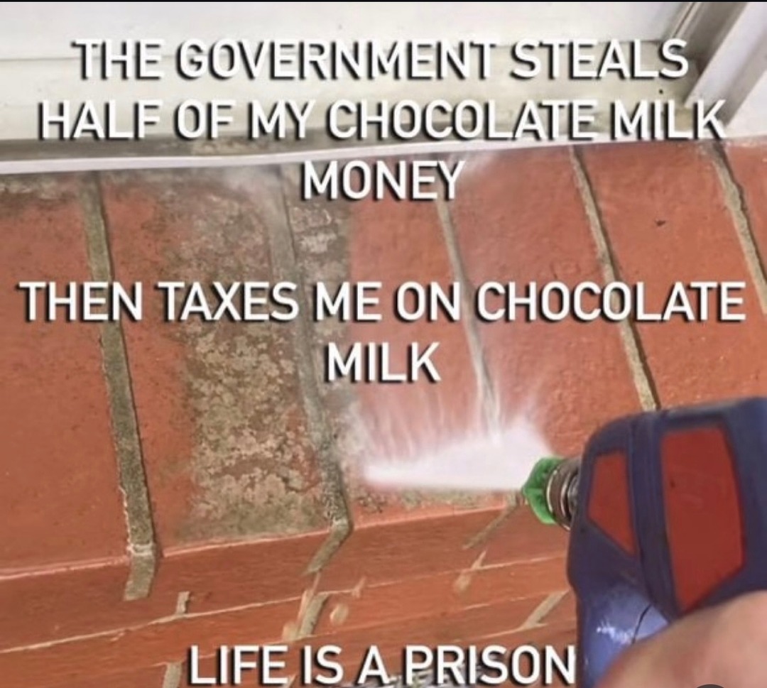 THE GOVERNMENT STEALS HALF OF MY CHOCOLATE MILK MONEY THEN TAXES ME ON CHOCOLATE MILK LIFE IS A PRISON
