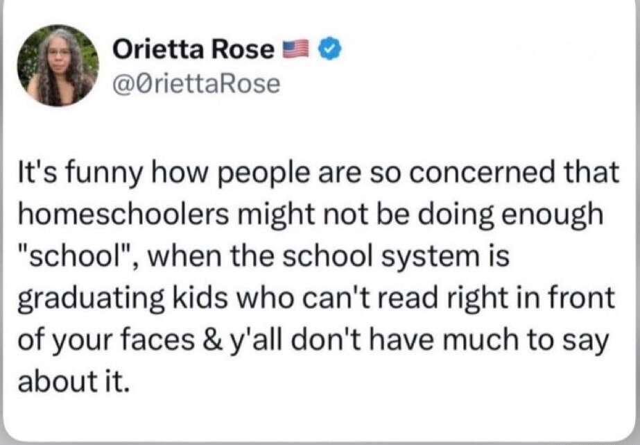 Orietta Rose @OriettaRose It's funny how people are so concerned that homeschoolers might not be doing enough 