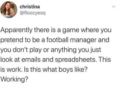 Apparently there is a game where you pretend to be a football manager and you don't play or anything you just look at emails and spreadsheets. This is work. Is this what boys like? Working?