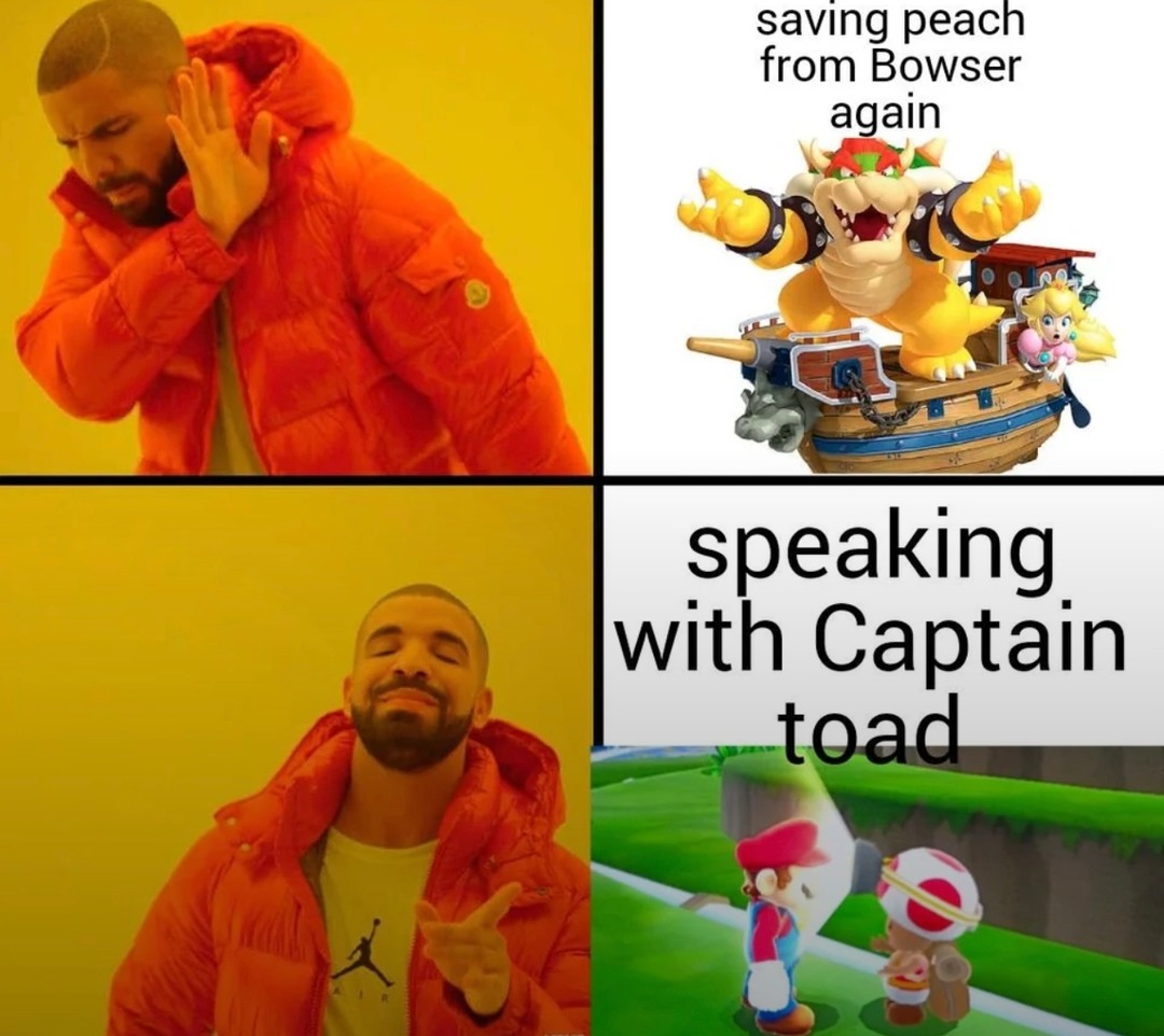saving peach from Bowser again speaking with Captain toad