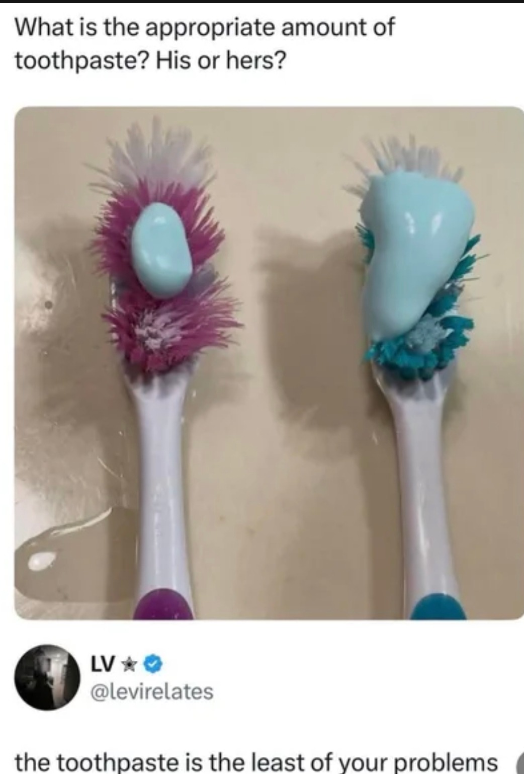 What is the appropriate amount of toothpaste? His or hers? The toothpaste is the least of your problems.