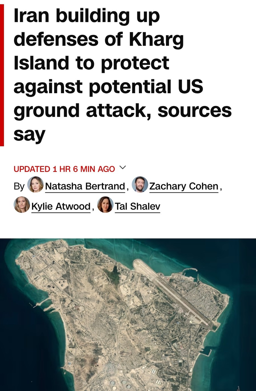 Iran building up defenses of Kharg Island to protect against potential US ground attack, sources say. UPDATED 1 HR 6 MIN AGO. By Natasha Bertrand, Zachary Cohen, Kylie Atwood, Tal Shalev.