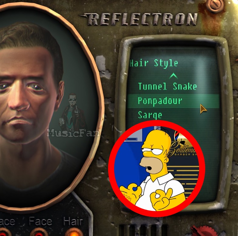 REFLECTRON. Estilo de pelo: Tunnel Snake, Pompadour, Sarge. El estilo Pompadour está seleccionado. Opciones de personalización de cara y pelo. Homer Simpson hace un gesto de 'OK' con el logo de 'Gentleman Barber Shop'.
