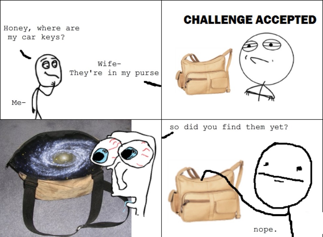 Honey, where are my car keys? Wife- They're in my purse. CHALLENGE ACCEPTED. so did you find them yet? nope.