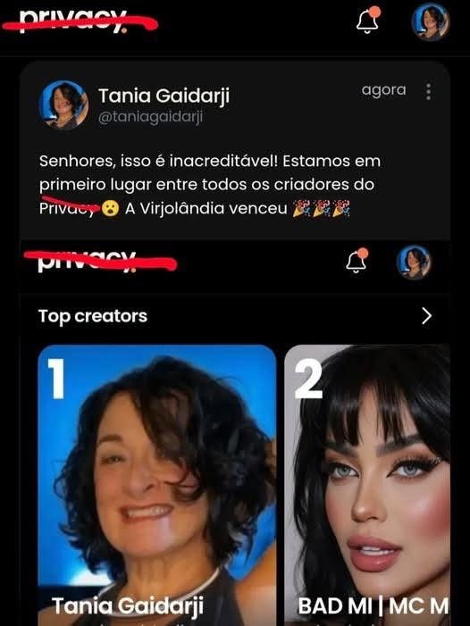 privacy Tania Gaidarji @taniagaidarji agora Senhores, isso é inacreditável! Estamos em primeiro lugar entre todos os criadores do Privacy 😮 A Virjolândia venceu 🎉🎉🎉 Top creators 1 Tania Gaidarji 2 BAD MI | MC M