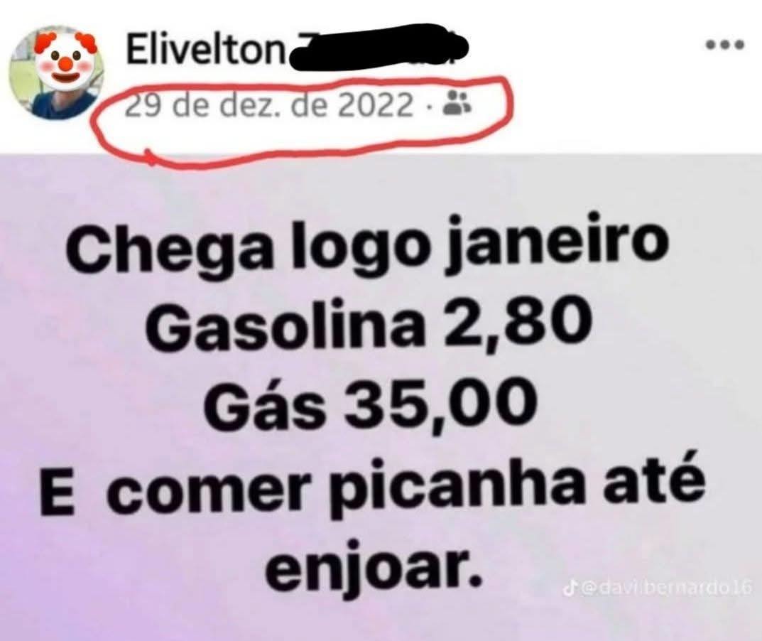 Elivelton 29 de dez. de 2022 Chega logo janeiro Gasolina 2,80 Gás 35,00 E comer picanha até enjoar. @davi.bernardo16