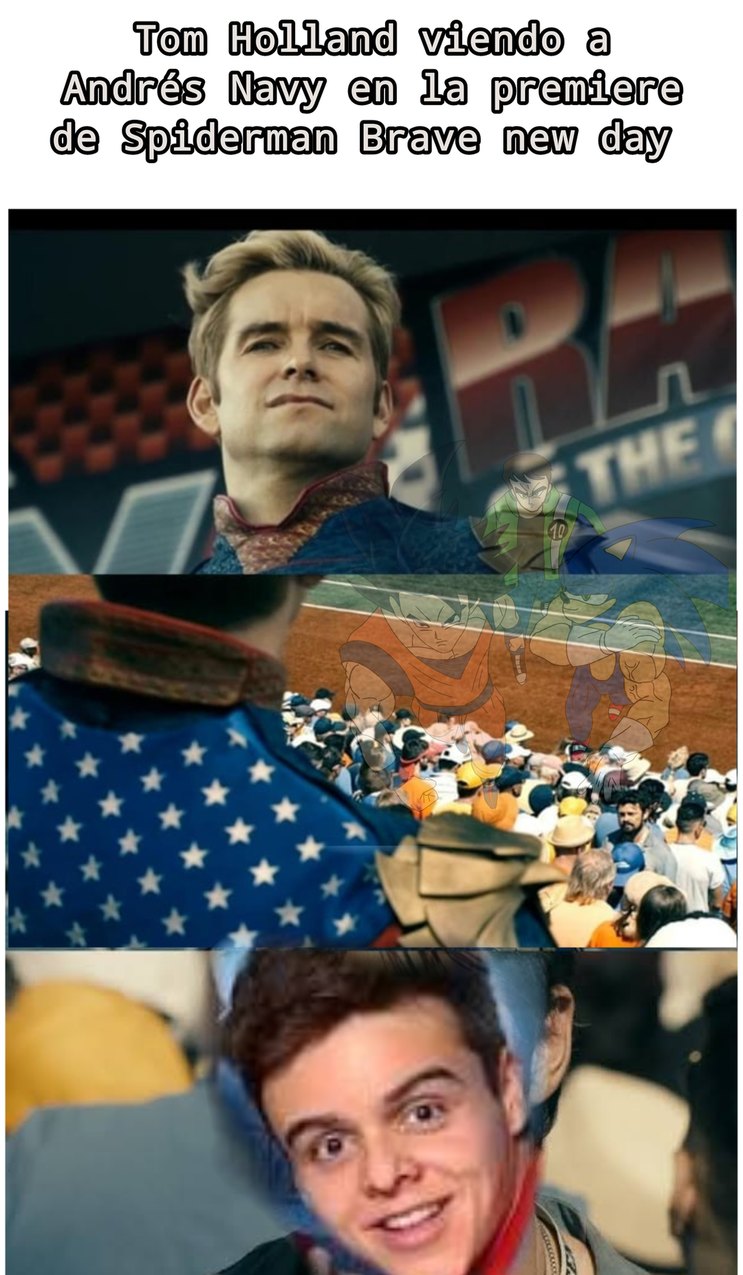 Tom Holland viendo a Andrés Navy en la premiere de Spiderman Brave new day. Homelander mira a la multitud y a Andrés Navy con sorpresa y emoción. Se ven personajes de anime y dibujos animados superpuestos.
