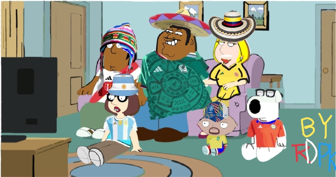 texto con la marca de agua 'BY RDPK' en la esquina inferior derecha. Los personajes de Padre de Familia están vestidos con camisetas de fútbol y sombreros tradicionales de varios países latinoamericanos, viendo la televisión.