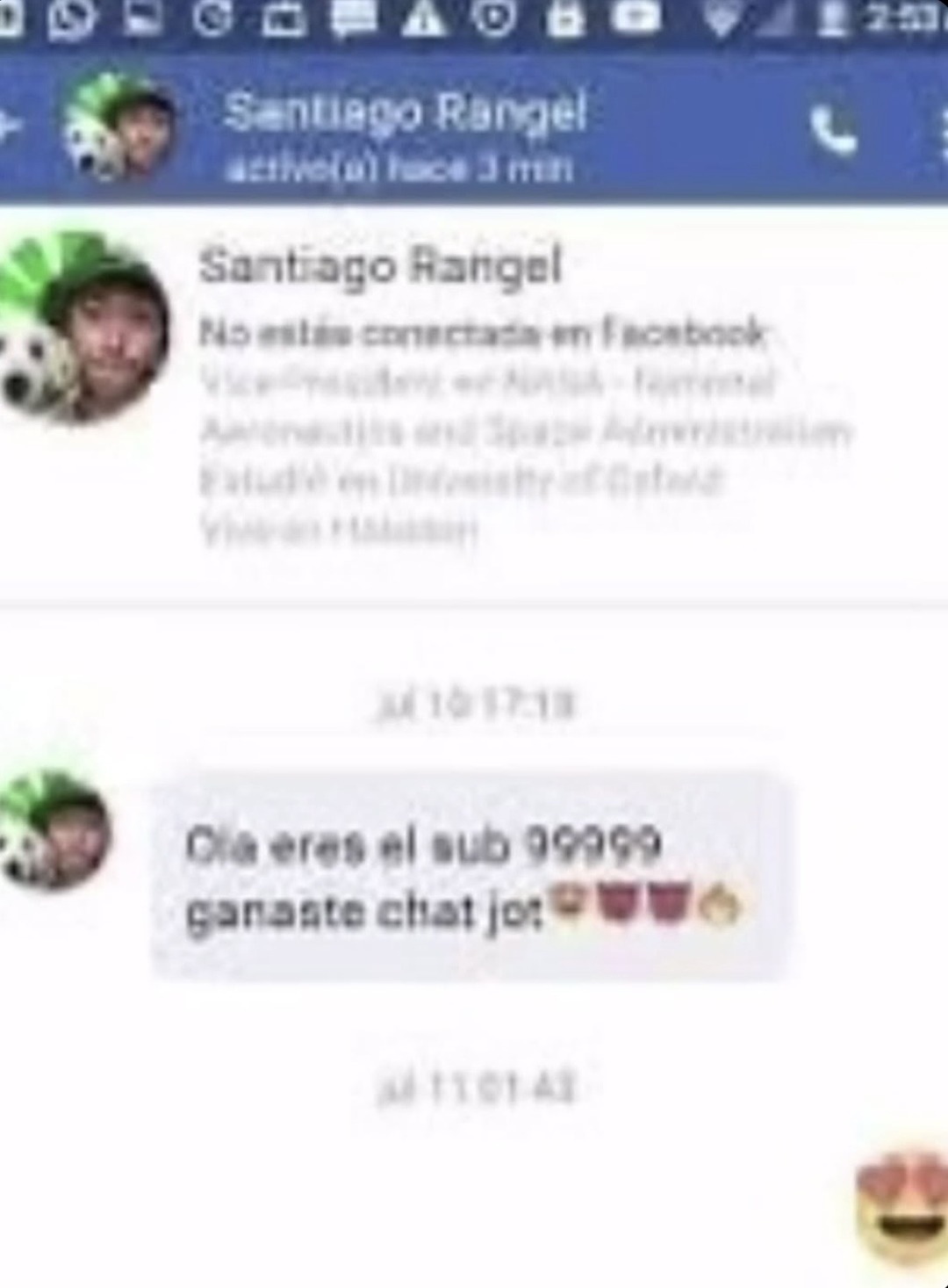 Santiago Rangel active(a) hace 3 min. No estás conectada en Facebook. Vice-Presidente en NASA - Fomento Aeronautics and Space Administration. Estudió en University of Oxford. Vive en Houston. Hola, eres el sub 99999, ganaste chat hot! 😍😈😈😈💩 😍
