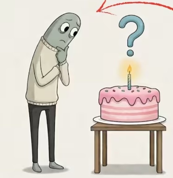 Un personaje pensativo mira un pastel de cumpleaños con una vela encendida y un signo de interrogación encima.