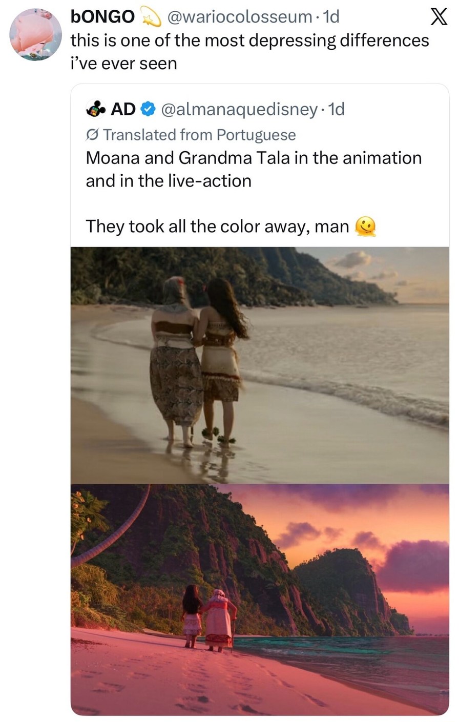 This is one of the most depressing differences I've ever seen. Moana and Grandma Tala in the animation and in the live-action. They took all the color away, man.