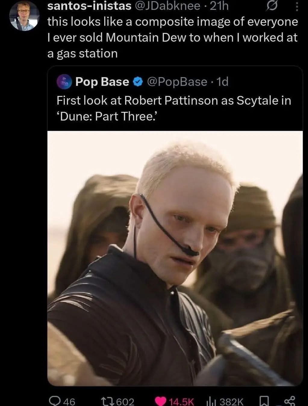 First look at Robert Pattinson as Scytale in 'Dune: Part Three.' This looks like a composite image of everyone I ever sold Mountain Dew to when I worked at a gas station.