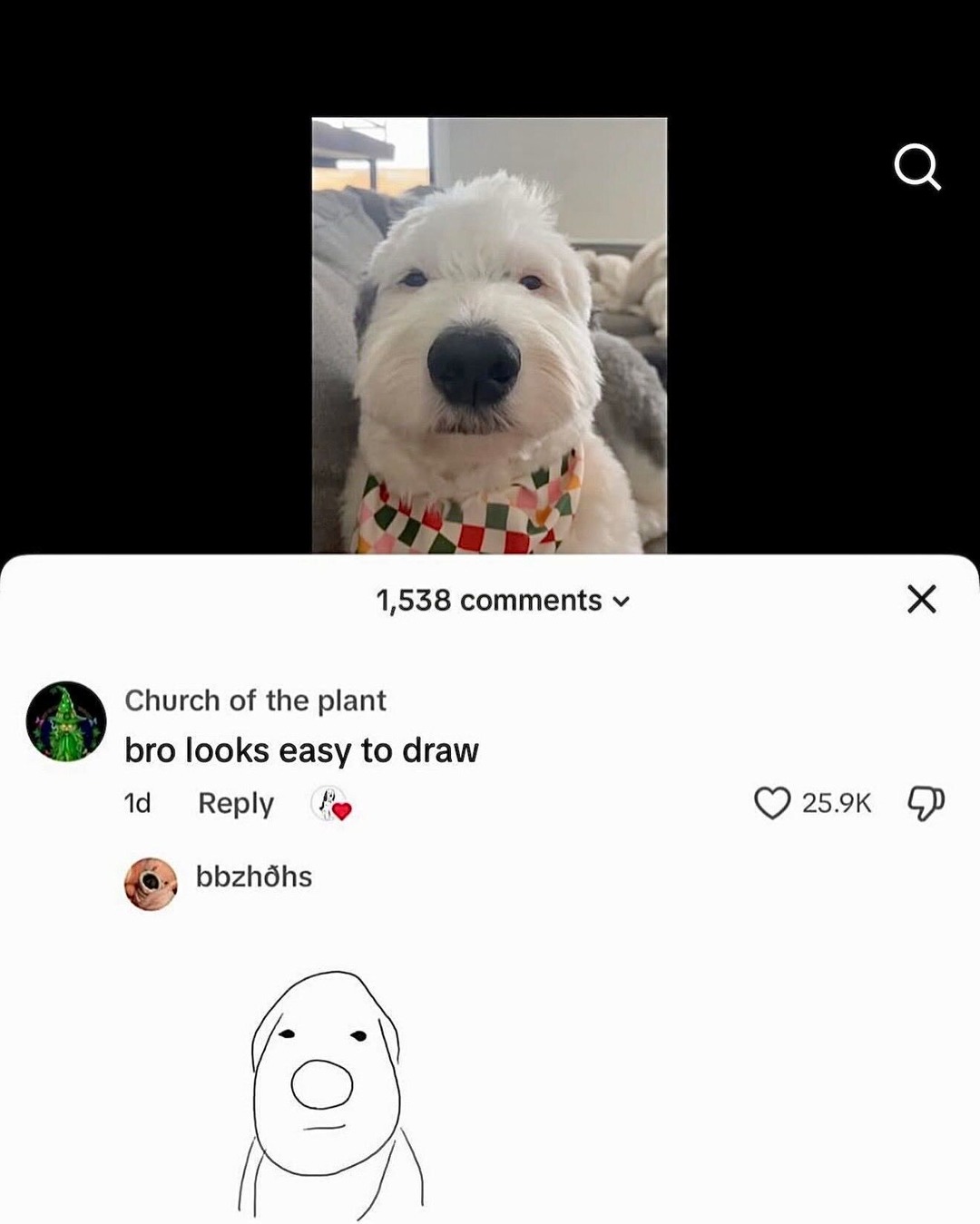 A fluffy white dog is shown. A user comments 'bro looks easy to draw', and another user replies with a simple drawing of the dog.