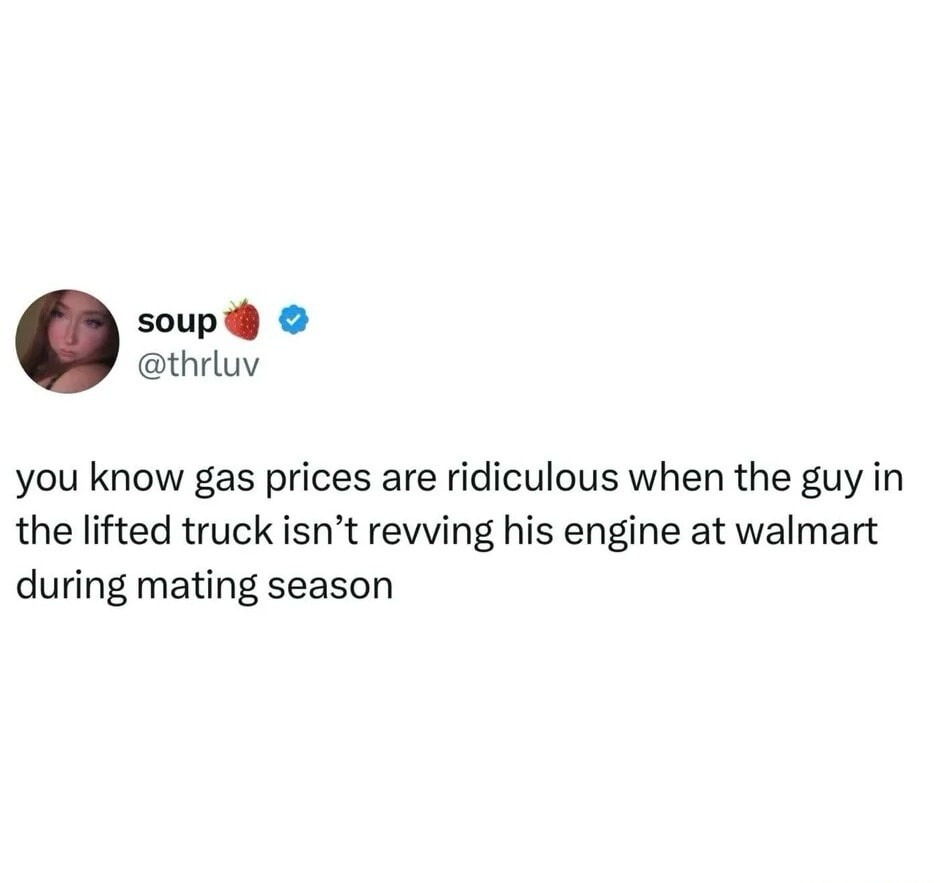 soup @thrluv you know gas prices are ridiculous when the guy in the lifted truck isn't revving his engine at walmart during mating season