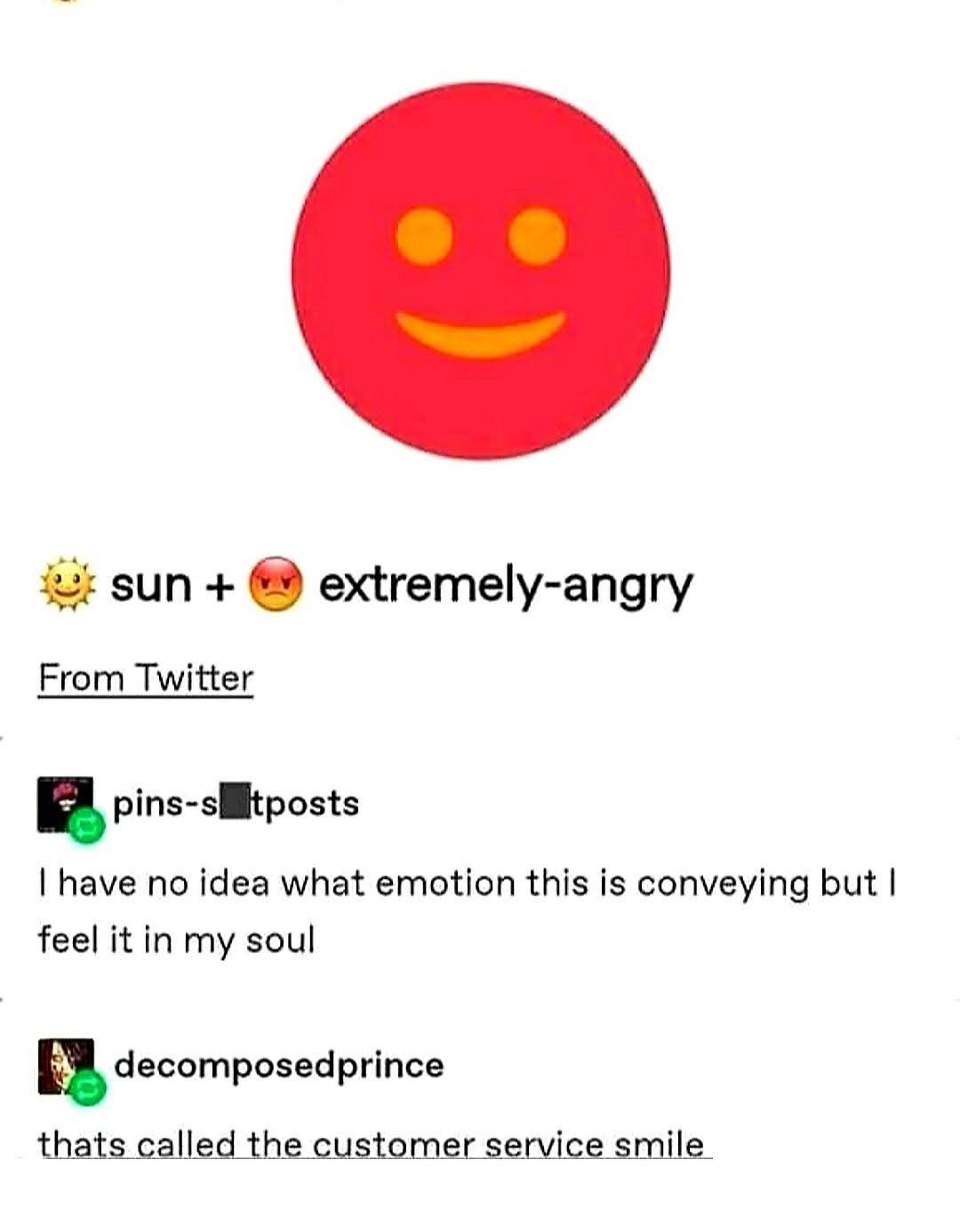 sun + extremely-angry From Twitter pins-s***tposts I have no idea what emotion this is conveying but I feel it in my soul decomposedprince thats called the customer service smile