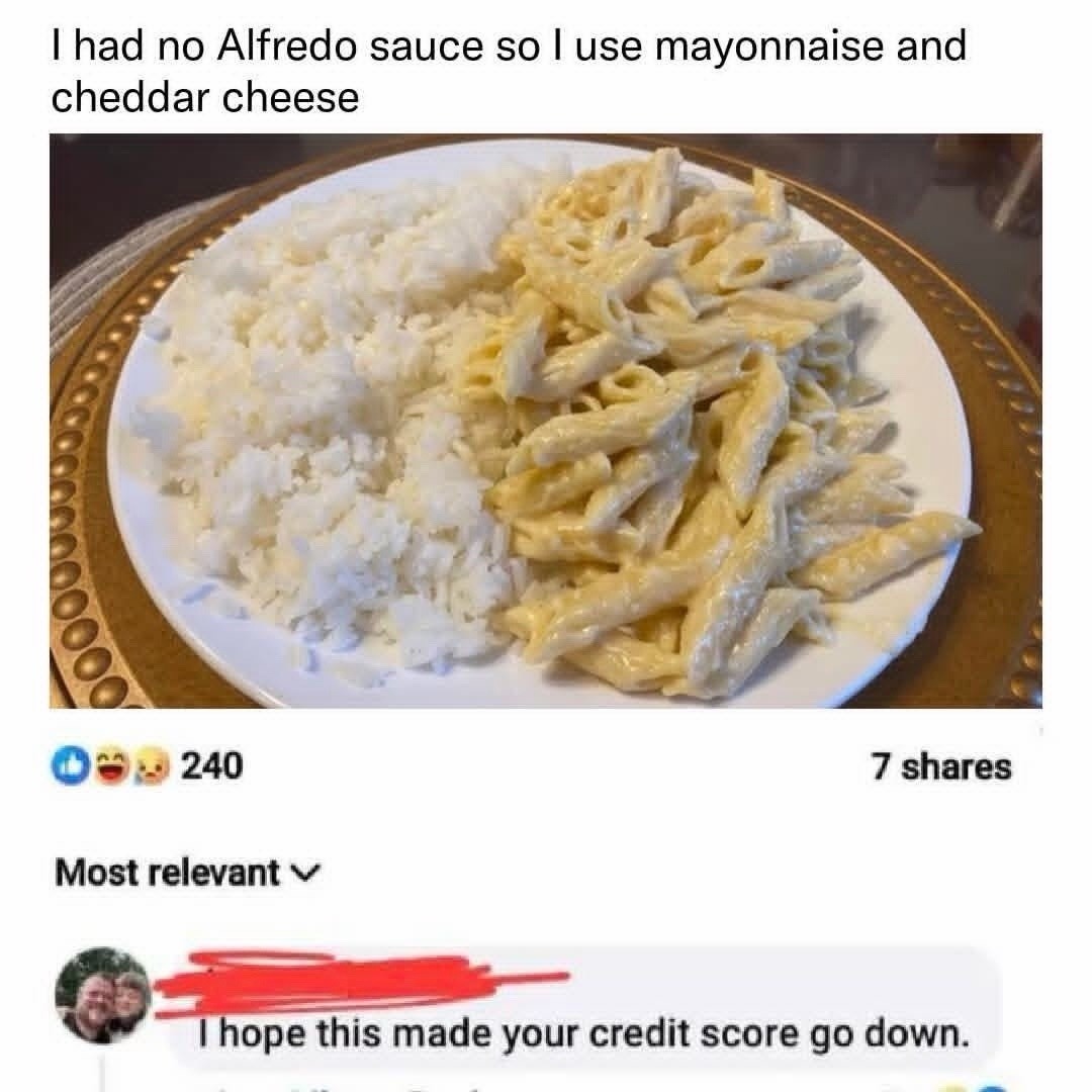 I had no Alfredo sauce so I use mayonnaise and cheddar cheese. I hope this made your credit score go down.
