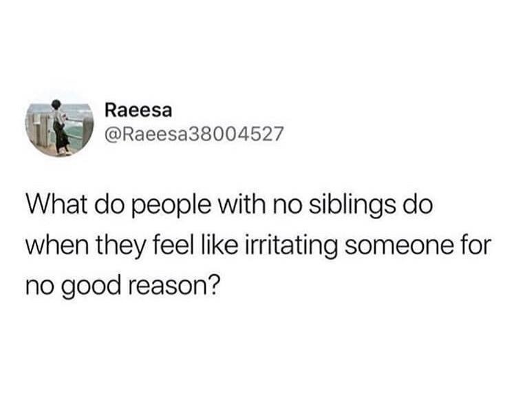 Raeesa @Raeesa38004527 What do people with no siblings do when they feel like irritating someone for no good reason?