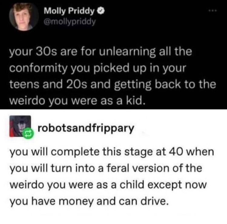 Molly Priddy: Your 30s are for unlearning all the conformity you picked up in your teens and 20s and getting back to the weirdo you were as a kid. robotsandfrippary: You will complete this stage at 40 when you will turn into a feral version of the weirdo you were as a child except now you have money and can drive.