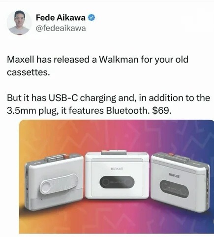 Maxell has released a Walkman for your old cassettes. But it has USB-C charging and, in addition to the 3.5mm plug, it features Bluetooth. $69.