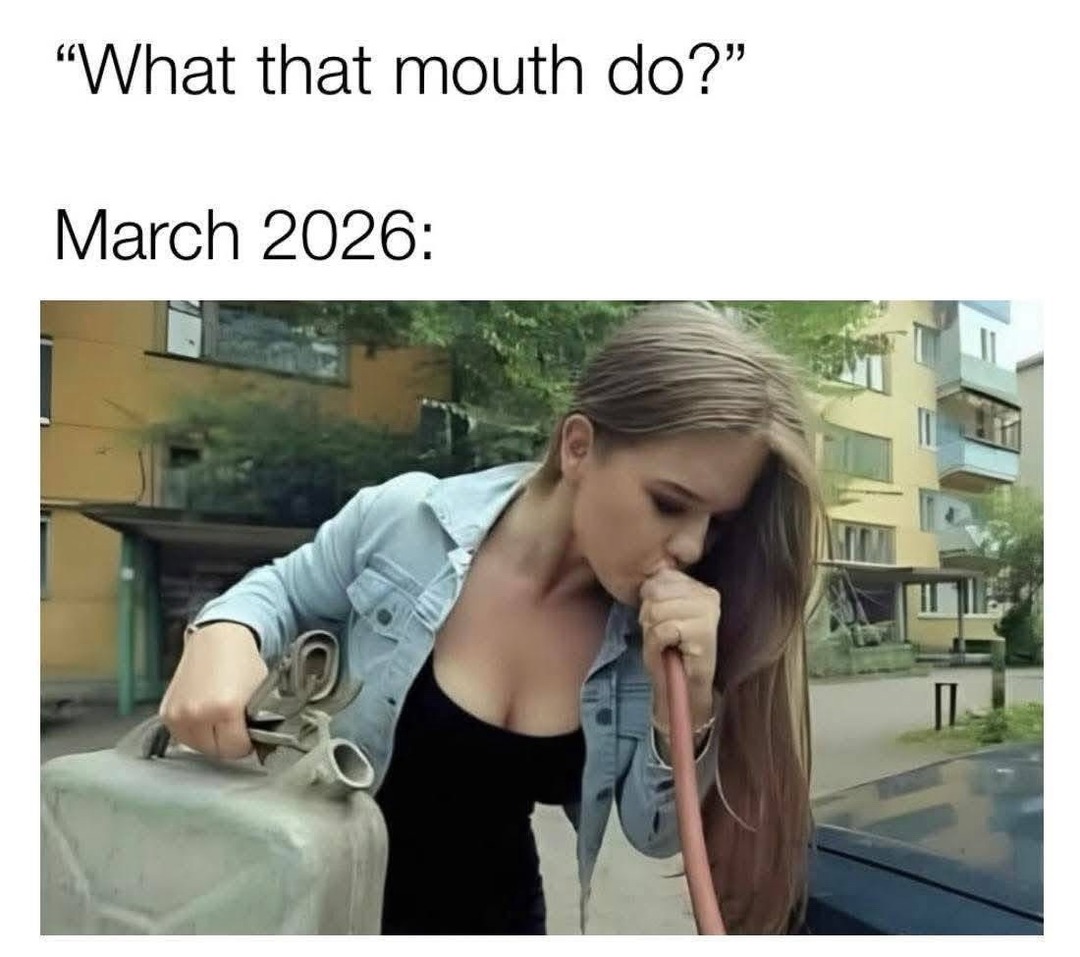 What that mouth do? March 2026: A woman siphoning fuel from a jerrycan into a car using a hose, with the hose in her mouth.