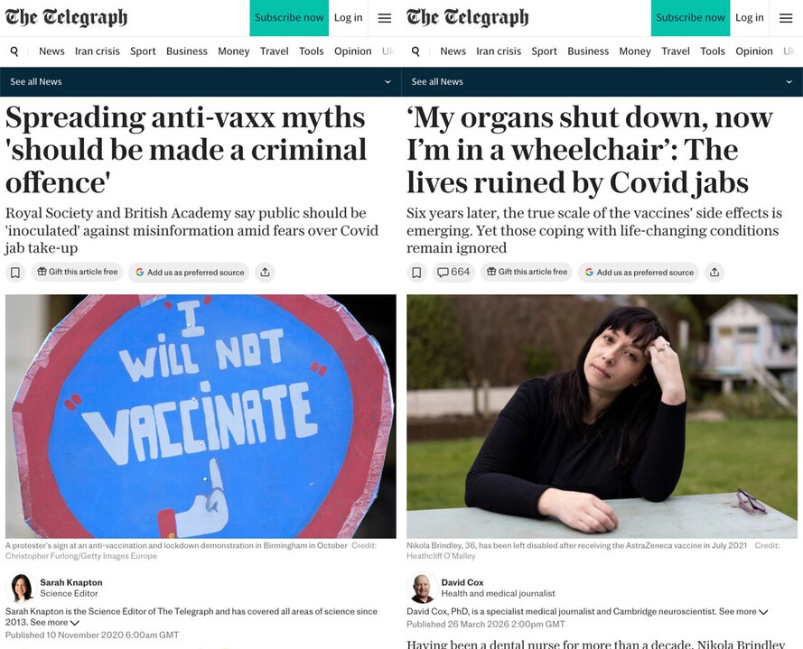 The Telegraph. Spreading anti-vaxx myths 'should be made a criminal offence'. Royal Society and British Academy say public should be 'inoculated' against misinformation amid fears over Covid jab take-up. I WILL NOT VACCINATE. A protester's sign at an anti-vaccination and lockdown demonstration in Birmingham in October. Sarah Knapton, Science Editor