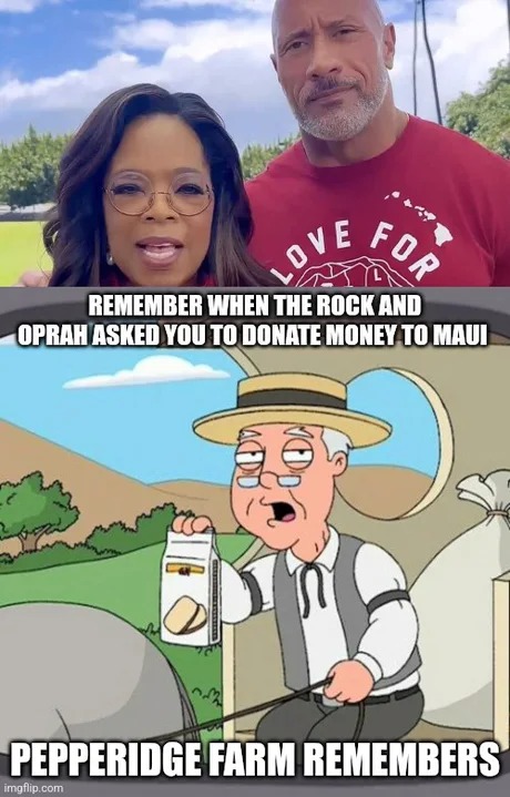 REMEMBER WHEN THE ROCK AND OPRAH ASKED YOU TO DONATE MONEY TO MAUI PEPPERIDGE FARM REMEMBERS