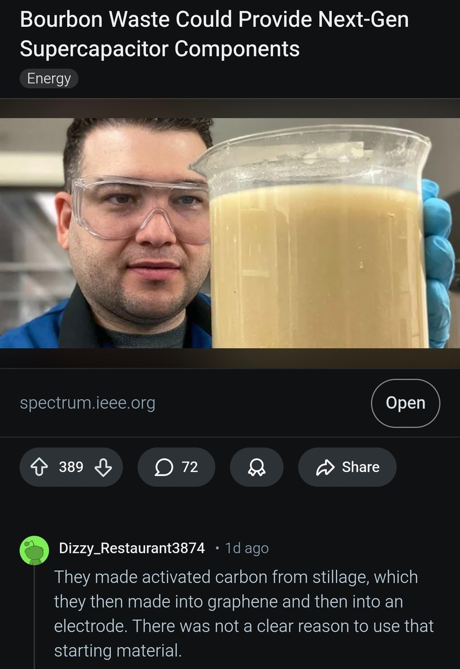 Bourbon Waste Could Provide Next-Gen Supercapacitor Components. Energy. spectrum.ieee.org. Open. They made activated carbon from stillage, which they then made into graphene and then into an electrode. There was not a clear reason to use that starting material.