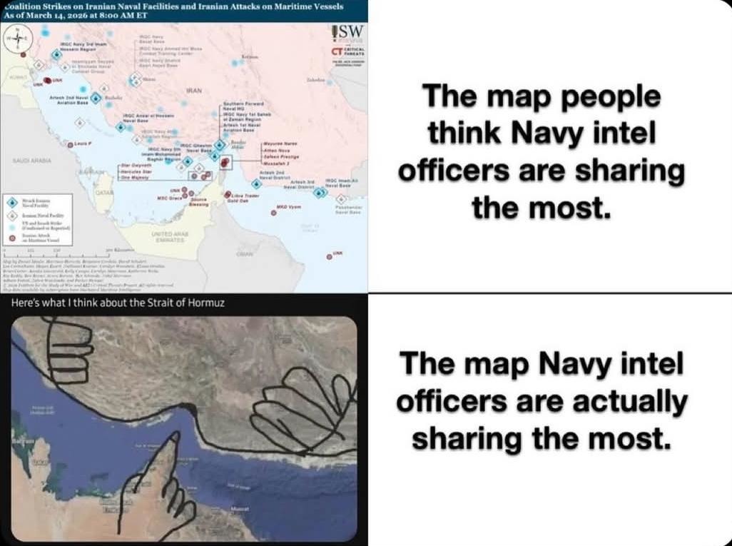 Coalition Strikes on Iranian Naval Facilities and Iranian Attacks on Maritime Vessels As of March 14, 2026 at 8:00 AM ET. The map people think Navy intel officers are sharing the most. Here's what I think about the Strait of Hormuz. The map Navy intel officers are actually sharing the most.