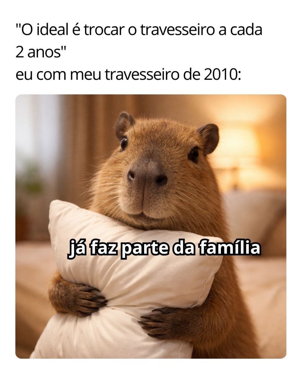 O ideal é trocar o travesseiro a cada 2 anos. eu com meu travesseiro de 2010: já faz parte da família