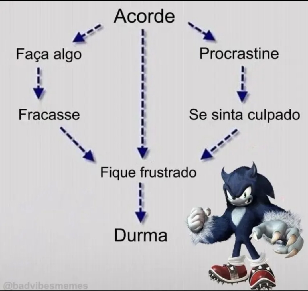 Acorde Faça algo Fracasse Procrastine Se sinta culpado Fique frustrado Durma